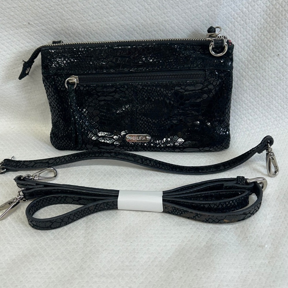 Perlina Black Snakeskin Embossed Leather Crossbody Wristlet Wallet Bag